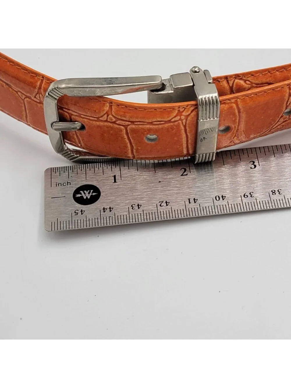 Orange Crocodile-Embossed Genuine Leather Belt With Silver-Tone Buckle